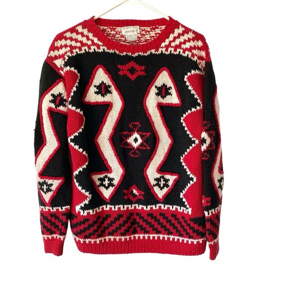Vintage Susann D Hand Knit Aztec Navajo Red Black Cotton Blend Sweater Large - Picture 1 of 7